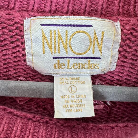 Ninon De Lenclos Vintage Pink Mock Neck Cable Knit Ribbon Embellished Sweater L - Picture 6 of 7